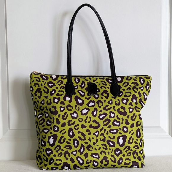 Furla Calipso Tote XL Nylon Leather Top Zip Toni Avocado Green Animal Print NWOT - Picture 1 of 16